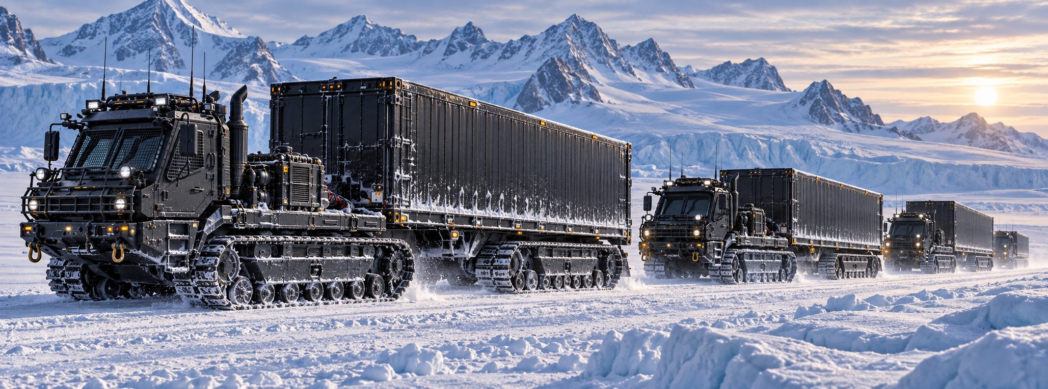 Tracked machines in a column, each hauling a box trailer across a snowfield, a glacier behind