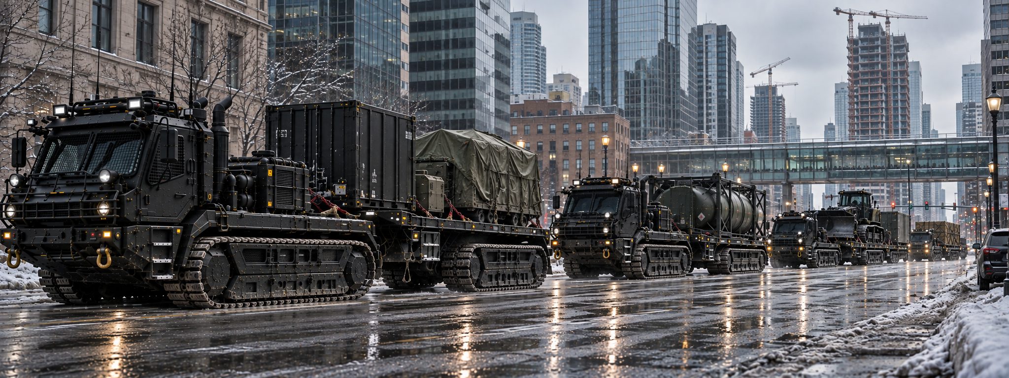 Tracked machines on a wet city street carrying a module, cranes and towers behind