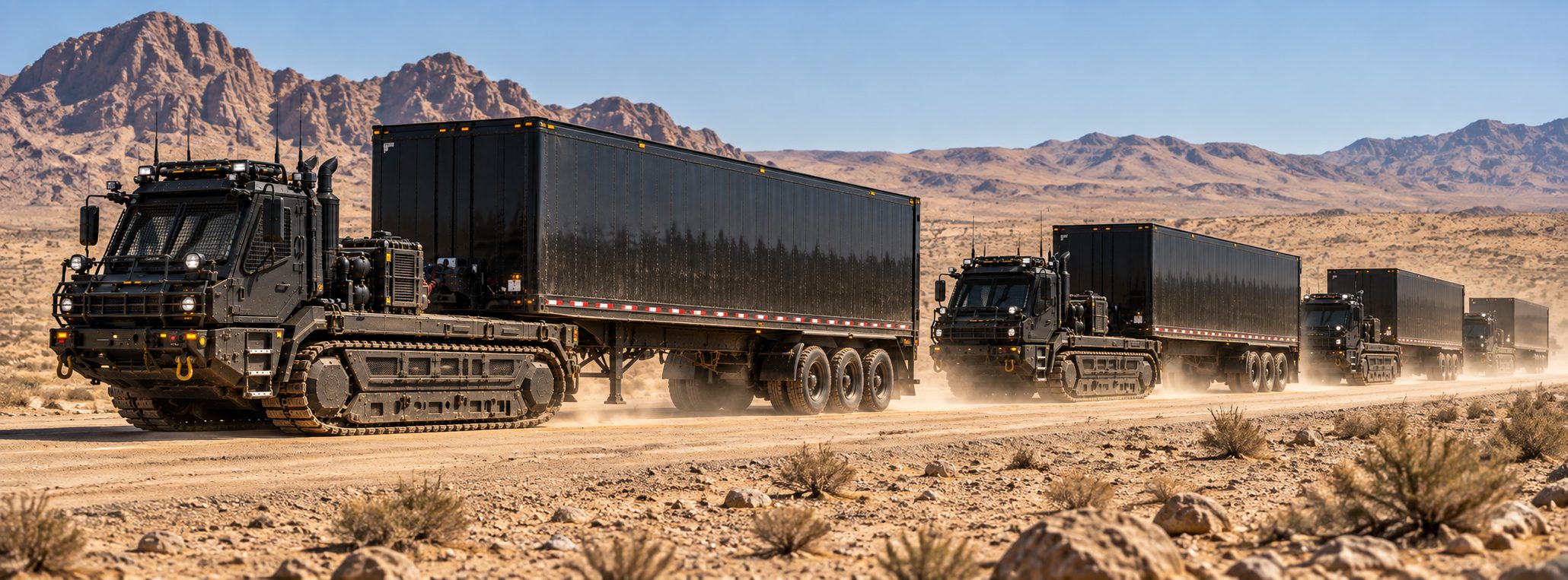 A column of tracked machines on a dirt road through desert, box trailers behind them