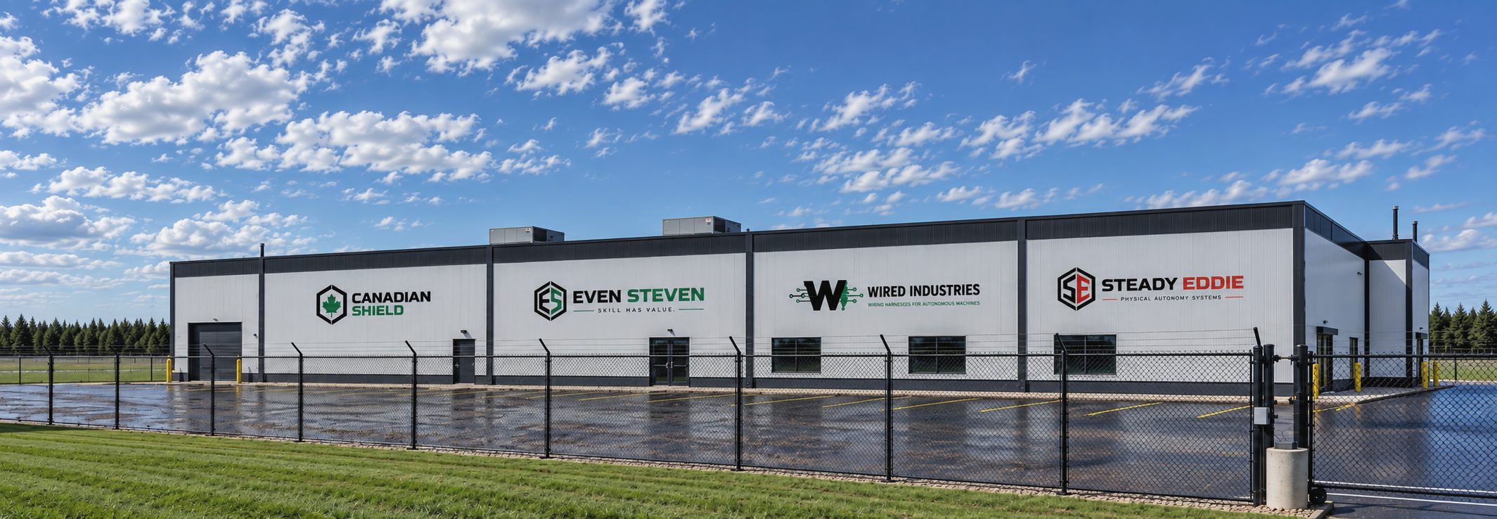 The group's shop, a long white steel building with the four company names on the wall, Canadian Shield, Even Steven, Wired Industries and Steady Eddie, a fenced wet yard in front and a treeline behind